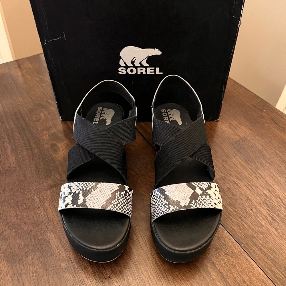 Sorel Black Snakeskin Wedge Sandals - Picture 5 of 7